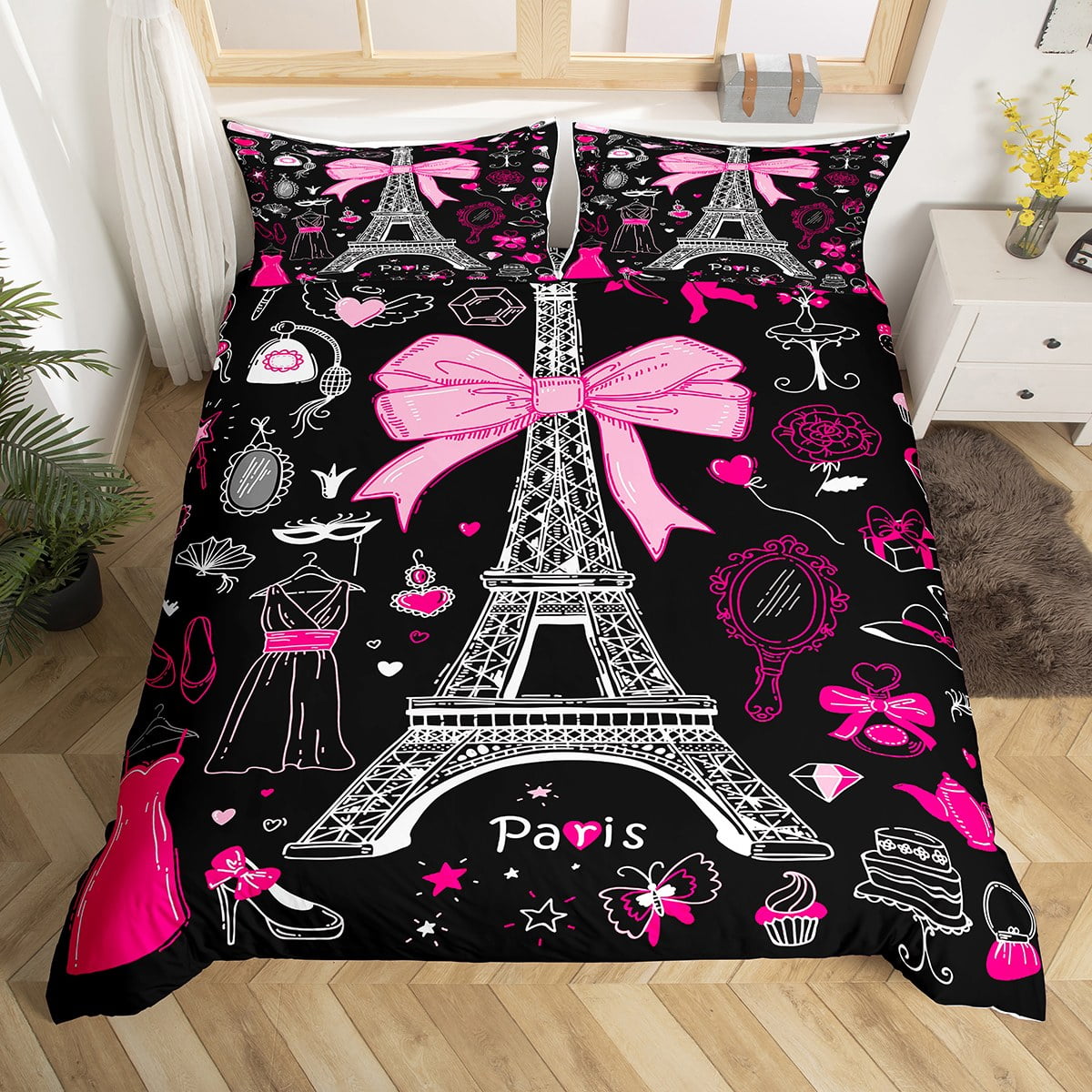 Eiffel Tower Bedding Set Heart Decor,City Building of Paris Comforter