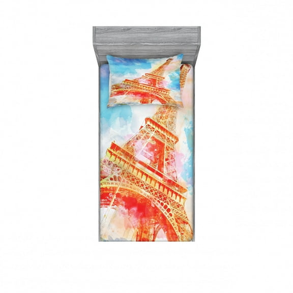 Eiffel Tower Bedding Set with Sheet & Covers, Watercolor Painted Linework Eiffel Tower Landmark Colorful Illustrated, Printed Bedroom Decor 2 Shams, 4 Sizes, Yellow Blue Red, by Ambesonne