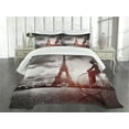 thumbnail image 1 of Ambesonne Eiffel Tower Quilted Bedspread Set 3 Pcs, Man on Retro Bicycle, King Size, Grey Pink Black, 1 of 5