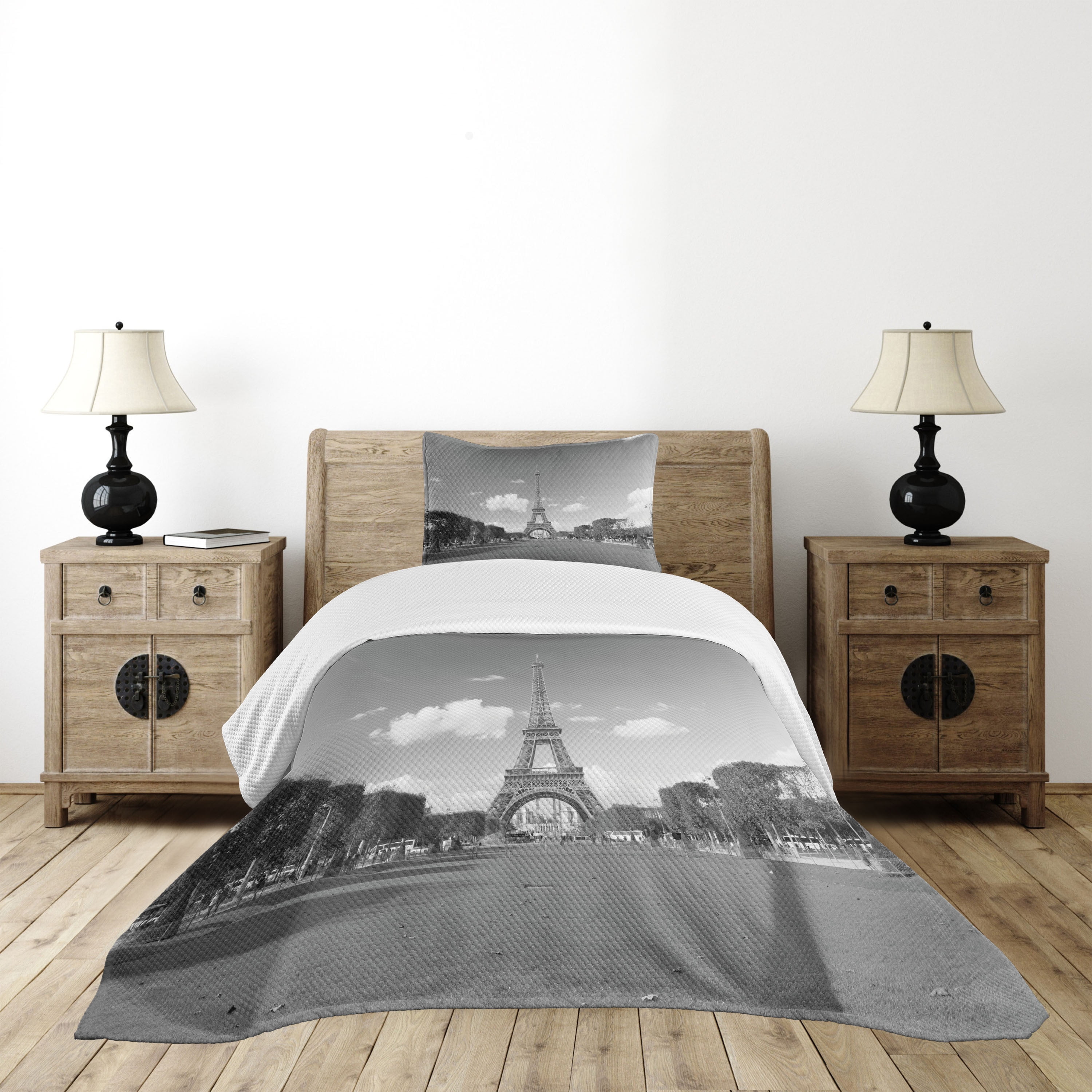 Eiffel Tower Bedspread Set Twin Size, Famous Travel Destination Paris
