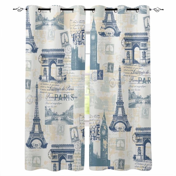 Eiffel Tower Blackout Curtains 45 Inches Long, European Architectural Retro Hand-Painted Thermal Insulated Black Out Curtains, Small Darkening Window Curtain Drapes for Cafe Bedroom 42"x45" 2 Panels
