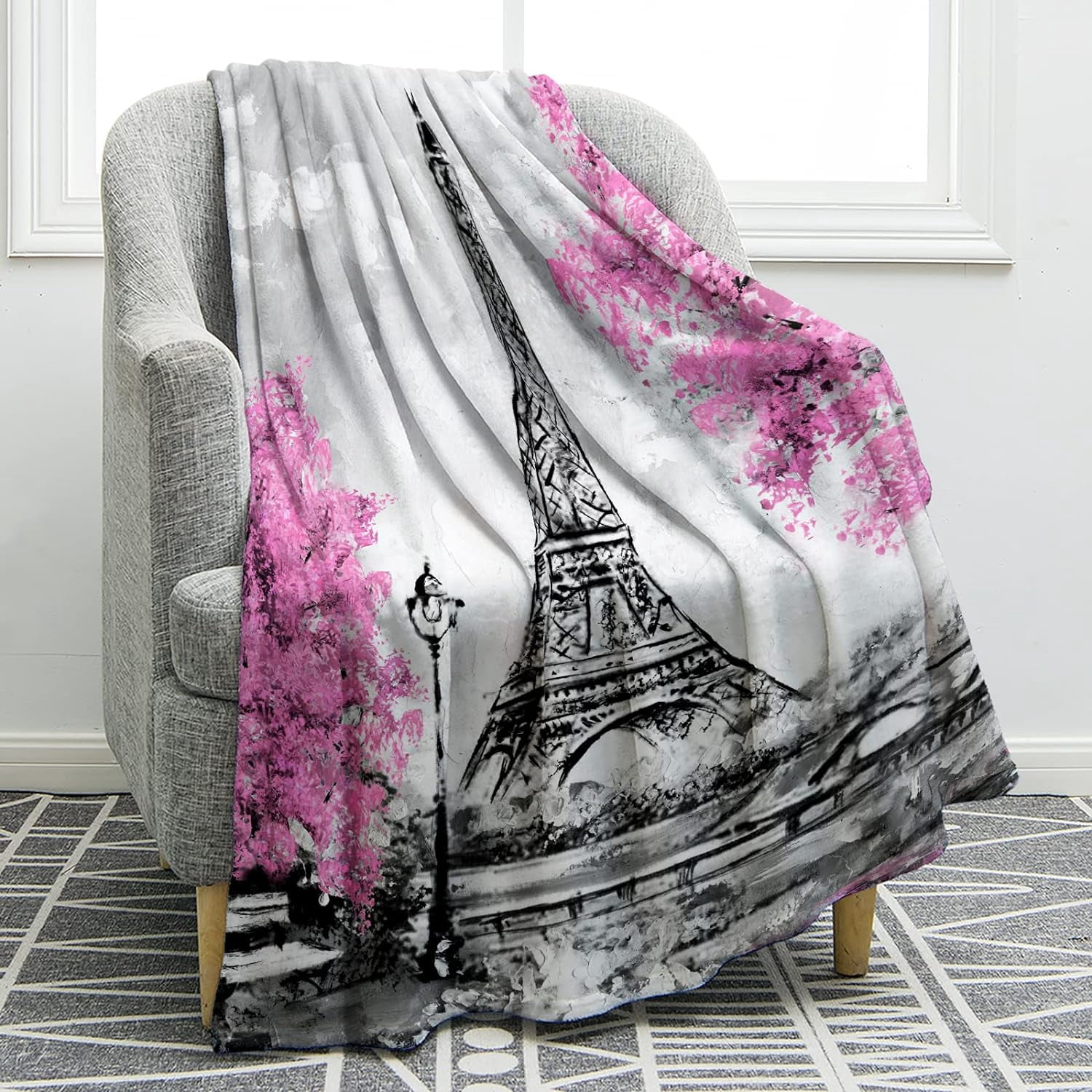 Eiffel Tower Throw Blanket - 40x50 Inch, Paris Vintage Flannel, Soft & Cozy For Couch