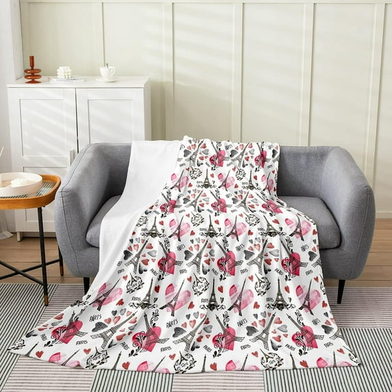 Eiffel Tower Blanket Throw 50x60 Inch Romantic Paris Throw Blanket for Girls Teens Couple Fashion Design Love Heart Fleece Blanket Pink Grey Romantic Floral Bedroom Decor Fuzzy Blanket