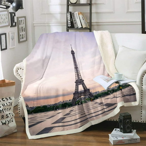 Eiffel Tower Blanket Throw, Square Romantic Paris Morden Urban Building Sunset City Scene Sherpa Blanket, Decorative Sofa Fleece Blanket Lightweight, Throw 50"x60", Green Brown