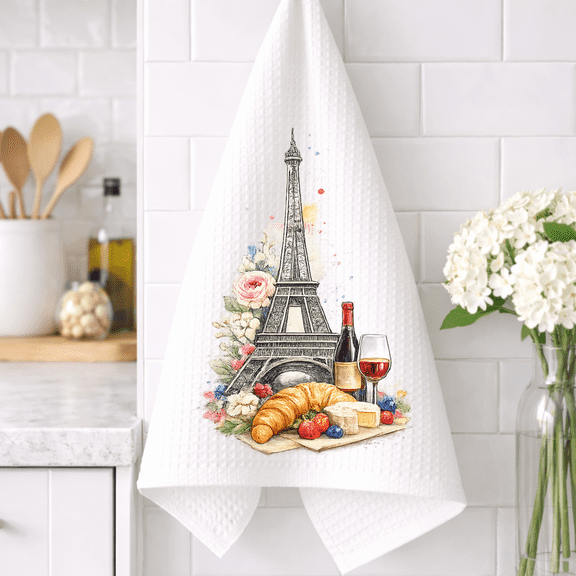 Eiffel Tower “Bon Appétit” Kitchen Towel – Paris French Bistro Decor, Absorbent Waffle Weave 16x24 Dish Drying Cloth