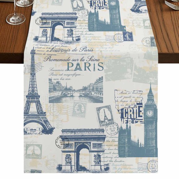 Eiffel Tower Burlap Cotton Table Runner 13x36 Inches Short, European Architectural Retro Hand-Painted Farmhouse Table Runners, Outdoor Dining Tablecloths Decor for Baby Shower/Party/Wedding