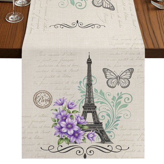 Eiffel Tower Burlap Cotton Table Runner 13x36 Inches Short, Retro Floral Butterfly Minimalist Beige Farmhouse Table Runners, Outdoor Dining Tablecloths Decor for Baby Shower/Party/Wedding