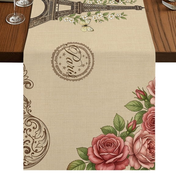 Eiffel Tower Burlap Cotton Table Runner 13x36 Inches Short, Rustic Butterfly Botanical Rose Flowers Brown Farmhouse Table Runners, Outdoor Dining Tablecloths Decor for Baby Shower/Party/Wedding