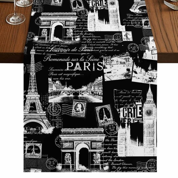 Eiffel Tower Burlap Cotton Table Runner 13x48 Inches Long, Vintage France Romantic European Paris City Art Farmhouse Table Runners, Outdoor Dining Tablecloths Decor for Baby Shower/Party/Wedding