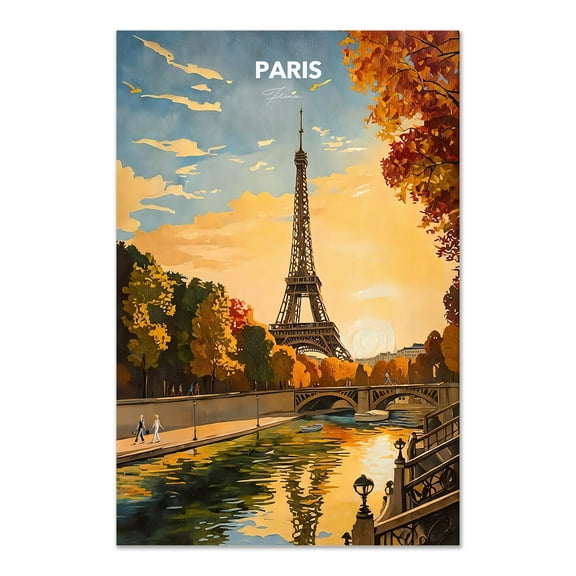 Eiffel Tower Canvas Wall Art Autumn Sunset Oil Painting Print, Paris Scenic Travel Poster from Seine River, Traveler Home Décor, Traveler Gift
