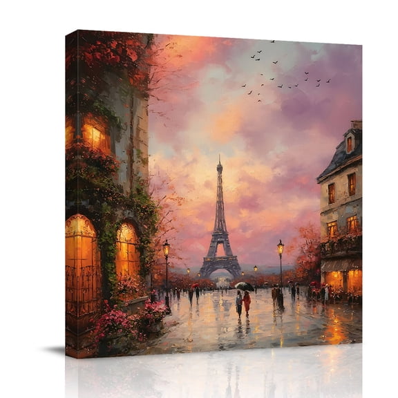 Eiffel Tower Canvas Wall Art for Living Room, Purple Sunset Country Oil Painting Street View Poster Print Painting for Bedroom Office Home Decoration Wall Pictures Prepare To Hang 8"x8"
