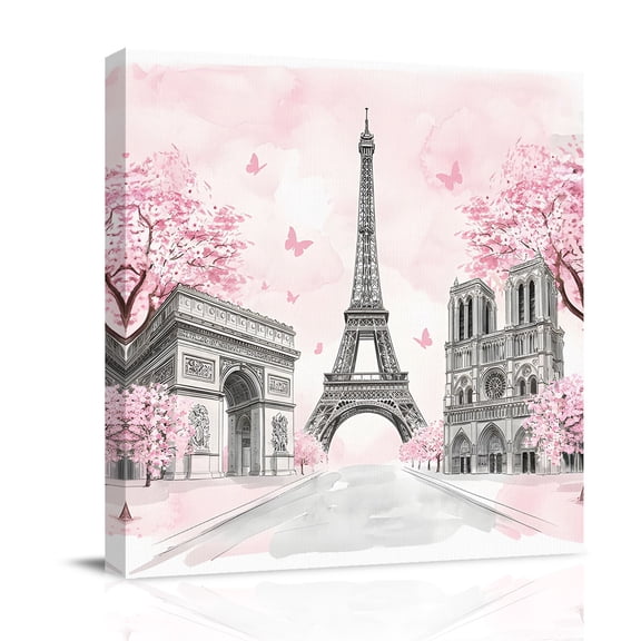 Eiffel Tower Canvas Wall Art for Living Room, Romantic Pink Cherry Blossom Trees Notre Dame Poster Print Painting for Bedroom Office Home Decoration Wall Pictures Prepare To Hang 8"x8"