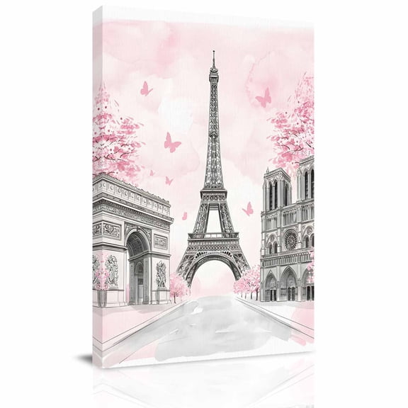 Eiffel Tower Canvas Wall Art for Living Room, Romantic Pink Cherry Blossom Trees Notre Dame Wall Decor Framed Artwork Pictures Ready to Hang for Bedroom Office Home Decor