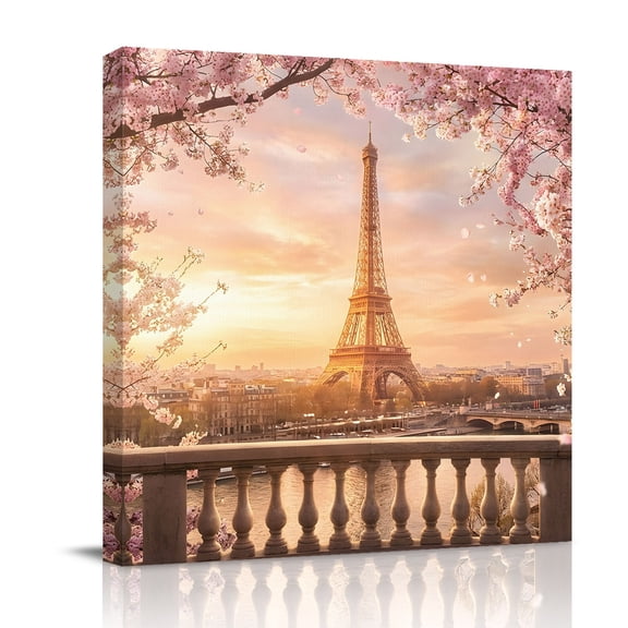 Eiffel Tower Canvas Wall Art for Living Room, Sunset Pink Cherry Blossom Trees Wall Decor Framed Artwork Pictures Ready to Hang for Bedroom Office Home Decor