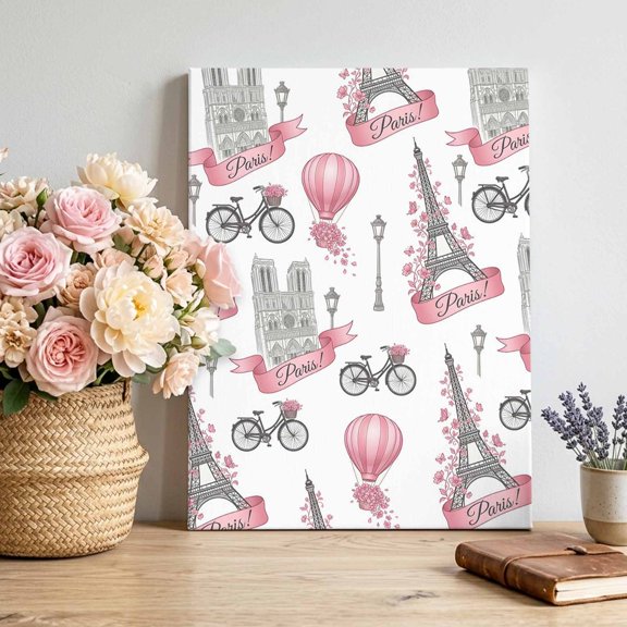 Eiffel Tower Canvas Wall Art for Living Room, Travel Pink Hot Air Balloon Bicycle Cathedral Ribbon Poster Print Painting for Master Bed Cottage Lounge Decoration Wall Pictures Prepare To Hang 16"x20"