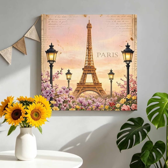 Eiffel Tower Canvas Wall Art for Living Room, Vintage Parisian Street Light Pink Floral Letter Poster Print Painting for Study Lounge Office Home Decoration Wall Pictures Prepare To Hang 16"x16"