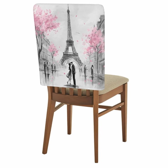 Eiffel Tower Chair Covers Set of 1 Sweet Couple Pink Cherry Blossom Trees Chair Back Covers Stretch Removable Washable Slipcovers Protector for Dining Room Kitchen Party Decor