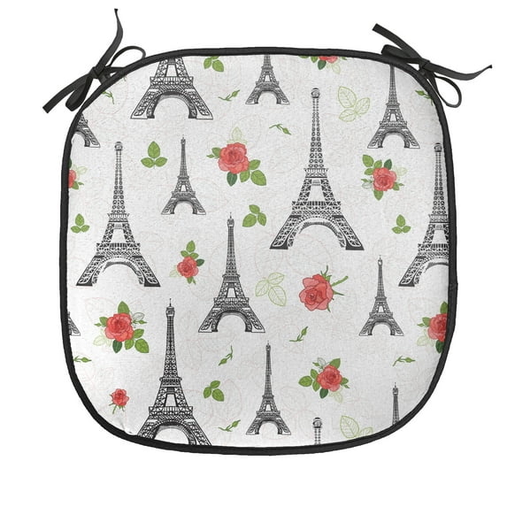 Eiffel Tower Chair Seating Cushion, Repetitive Romantic Pattern with Parisian Landmark Building and Rose Flowers, Soft Seat Pads for Office with Anti-slip Backing, 16"x16", Multicolor, by Ambesonne