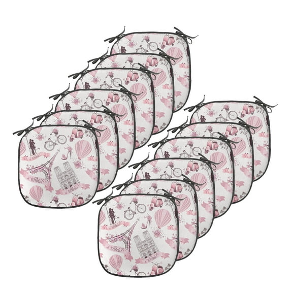 Eiffel Tower Chair Seating Cushion Set of 12, Travel in Paris Theme Honeymoon Flowers Romance Hot Air Balloon Bike, Seat Pads for Office with Anti-slip Backing, 16"x16", Pale Pink White, by Ambesonne