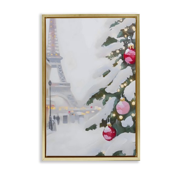 Stupell Industries Eiffel Tower Christmas Gold Framed Floater Canvas Wall Art, design by Arlington Prints