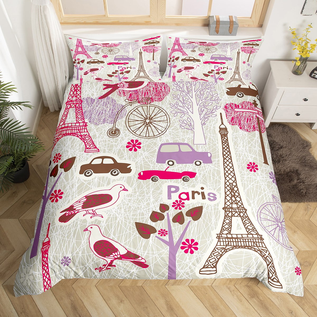 Eiffel Tower Comforter Cover,City Building of Paris Bedding Set