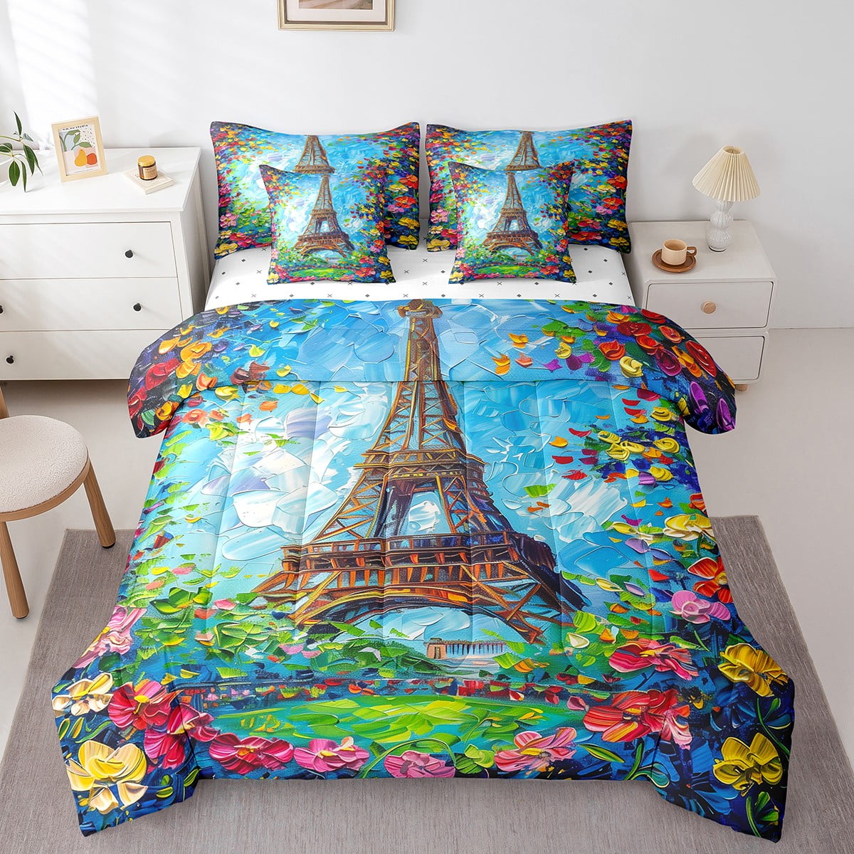 Eiffel Tower Comforter Set 7 Pieces Bed in a Bag City Building Of
