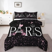 Eiffel Tower Comforter Set Chic Paris Bedding Set Romantic Theme Comforter Teens Black Pink Bedroom Decor Modern French Style Duvet Set Queen Size with 2 Pillow Case