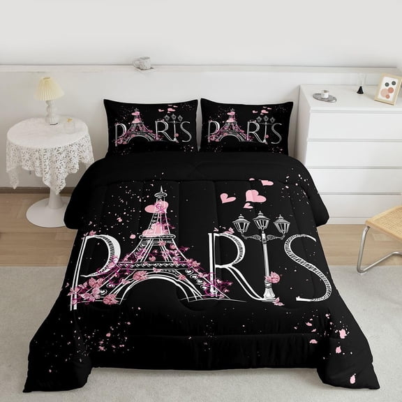 Eiffel Tower Comforter Set Chic Paris Bedding Set Theme Comforter for Boys Girls Children Teens Black Pink Bedroom Decor Modern French Style Duvet Set Full Size with 2 Pillow Case