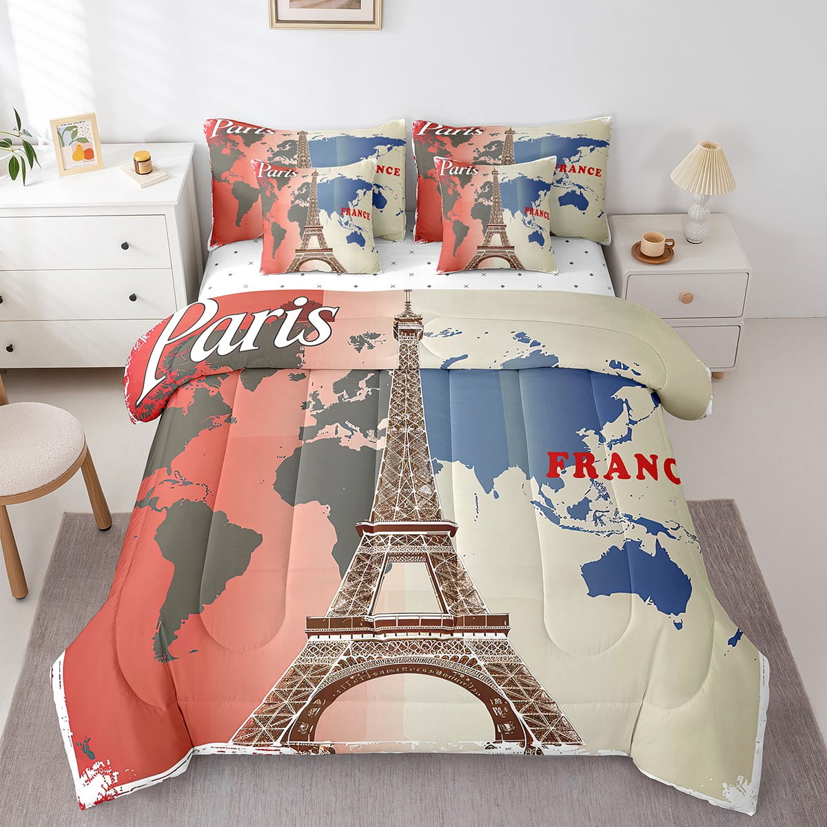 Eiffel Tower Comforter Set Full Size with Sheets 7 Pieces Bed in a Bag