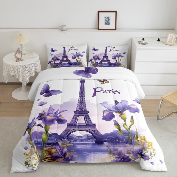 Eiffel Tower Comforter Set King Size 3 Pcs,Watercolor Purple Flowers Wild Butterfly Bedding Set Adults,Vintage Flowers Romantic Paris Style Down Comforter with 2 Pillowcases