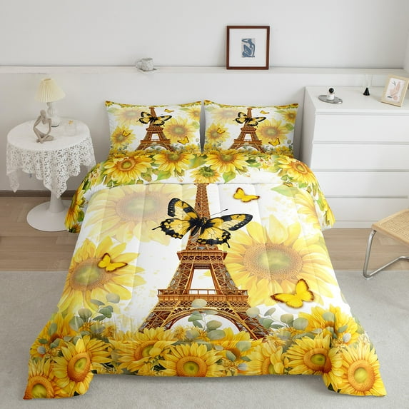 Eiffel Tower Comforter Set King Size 3 Pcs,Yellow Sunflowers Garden Wild Butterfly Bedding Set Adults,Watercolor Flowers Spring Rustic Style Down Comforter with 2 Pillowcases