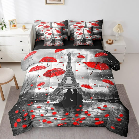 Eiffel Tower Comforter Set King Size,French Paris Bedding Set for Couple Lovers,Romantic Valentine's Day(Comforter+Fitted+Flat Sheet+2 Pillowcases+2 Throw Pillow Covers) 7 Pieces Bed Set