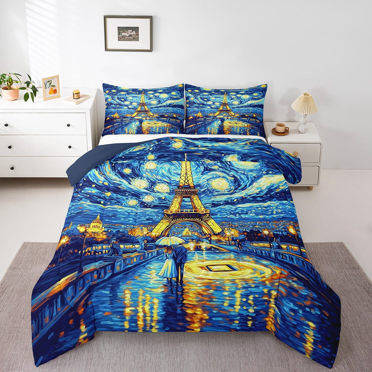 Eiffel Tower Comforter Set King Size,Starry Night Bedding Lover Couples,Paris Down Comforter,Romantic City Duvet Insert Valentine's Day Gifts with 2 Pillow Cases Bedroom Decor