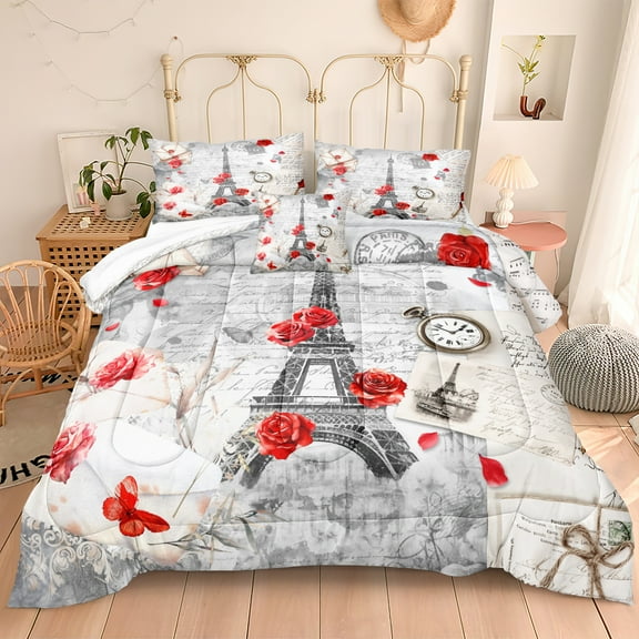 Eiffel Tower Comforter Set - Queen/King Size French Style Bedding - Romantic Paris Retro Letter Rose Flowers Printed Paris Room Decor 4-Piece Soft Microfiber Girls Women Quilt Set 1 Comforter 2 Pillo