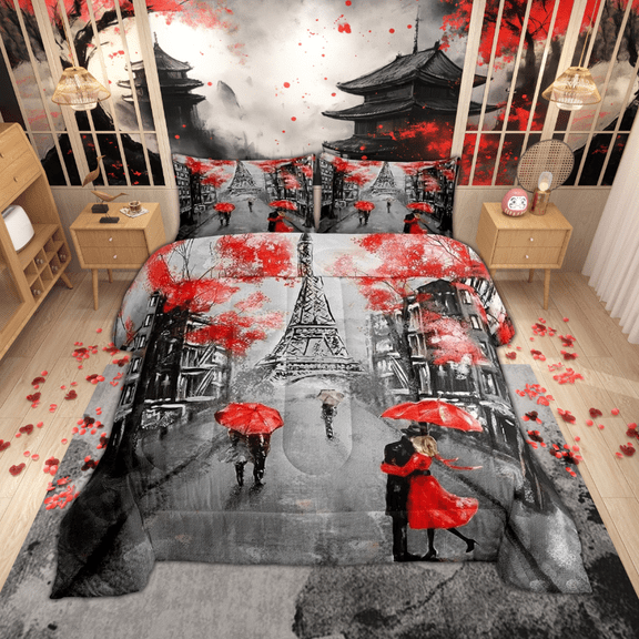 Eiffel Tower Comforter Set Twin Size Women Romantic Paris Street Bedding Sweet Couple Lover Red Flowers Floral Quilted Duvet French Style Down Comforter Chic Paris Cityscape Comforter