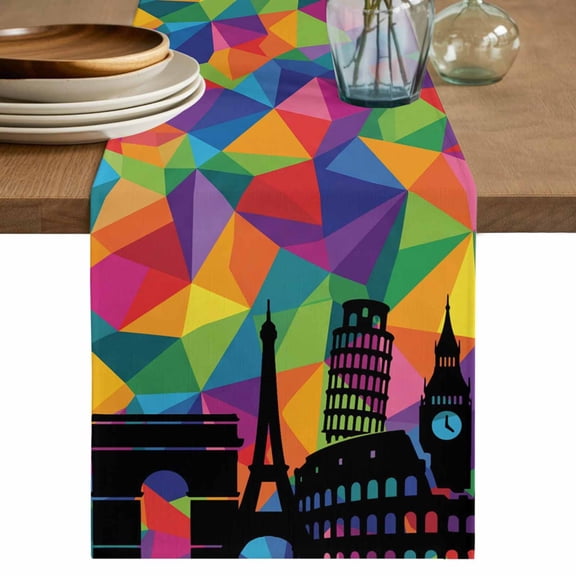 Eiffel Tower Cotton Linen Table Runner for Dining Kitchen, Modern Colorful European Architectural Art Wedding Outdoor Party Tablerunners, Dresser Scarf Coffee Tablecloth Runners 13x48 Inches
