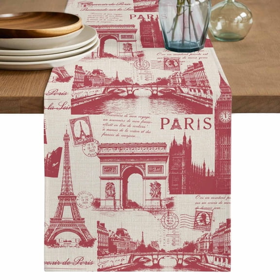 Eiffel Tower Cotton Linen Table Runner for Dining Kitchen, Romantic European Architectural Cultural Art Wedding Outdoor Party Tablerunners, Dresser Scarf Coffee Tablecloth Runners 13x36 Inches