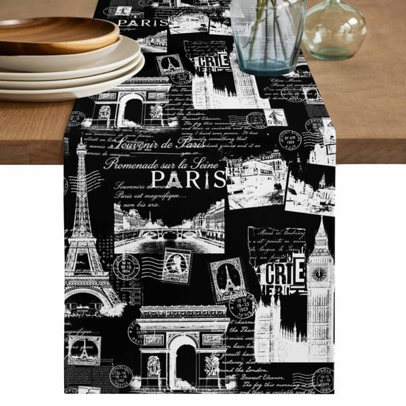 Eiffel Tower Cotton Linen Table Runner for Dining Kitchen, Vintage France Romantic European Paris City Art Wedding Outdoor Party Tablerunners, Dresser Scarf Coffee Tablecloth Runners 13x36 Inches