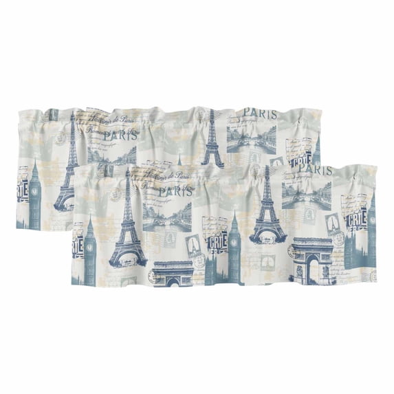 Eiffel Tower Curtain Valances for Windows, Kitchen Valance Window Treatments Panel 2 Pack, European Architectural Retro Hand-Painted Rod Pocket Short Curtains for Bathroom Bedroom 42 x 18 Inch