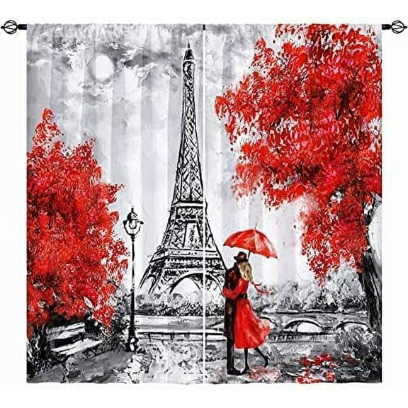 Eiffel Tower Curtains W42 x L63 Inch Rod Pocket Girls Paris Oil Painting European City Landscape Black&White&Red Modern Art Pattern Window Drapes for Living Room Bedroom Office Cafe 2 Panels