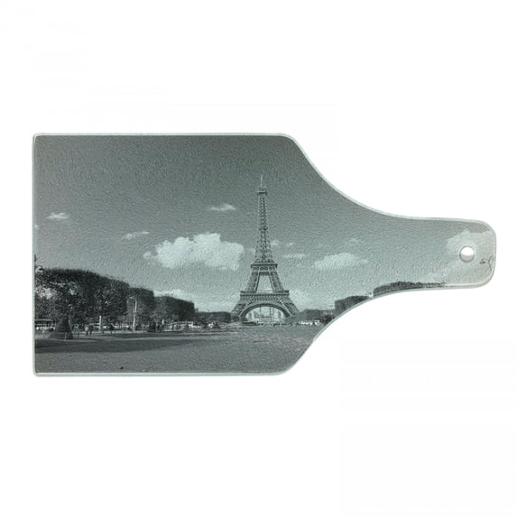 Eiffel Tower Cutting Board, Famous Travel Destination Paris City Tourist Attraction European Landscape Photo, Tempered Glass Cutting and Serving Board, Wine Bottle Shape, Grey, by Ambesonne