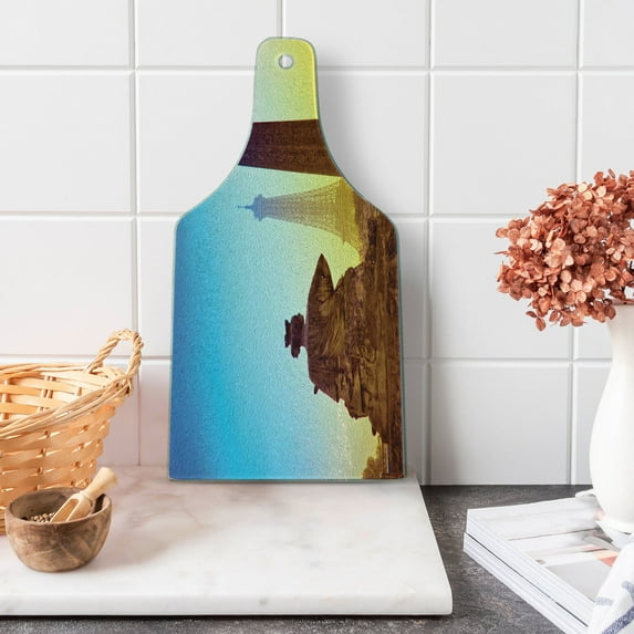 Eiffel Tower Cutting Board, France Place De La Concorde Obelisk and the Landmark of the City, Decorative Tempered Glass Cutting and Serving Board, Wine Bottle Shape, Caramel Yellow Blue, by Ambesonne