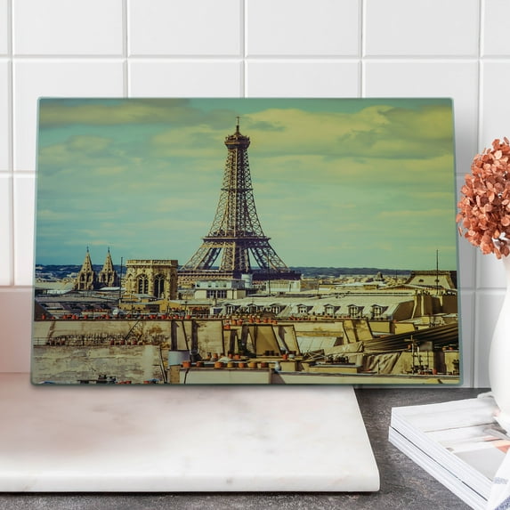 Eiffel Tower Cutting Board, Eiffel Tower Historic Vintage Cityscape Famous Monument Urban Art, Decorative Tempered Glass Cutting and Serving Board, Large Size, Almond Green Yellow, by Ambesonne