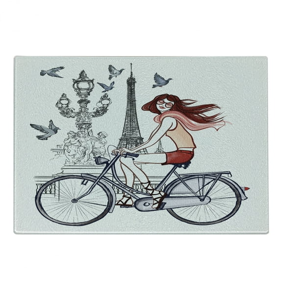 Eiffel Tower Cutting Board, Illustration of a Woman on Alexander III Bridge in Paris Riding a Bike, Decorative Tempered Glass Cutting and Serving Board, Small Size, Grey Red Peach, by Ambesonne