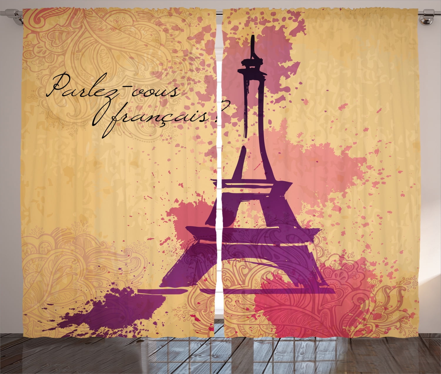 Eiffel Tower Decor Curtains 2 Panels Set, French Cursive Wordprint