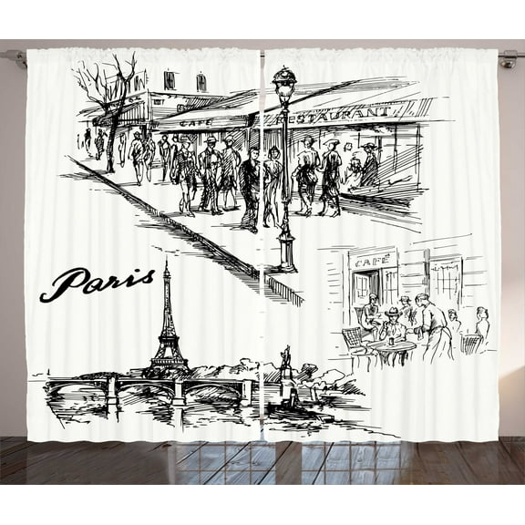 Ambesonne Black White Curtains 2 Panel Set, Retro Sketchy Paris, 108" x 90", White Black