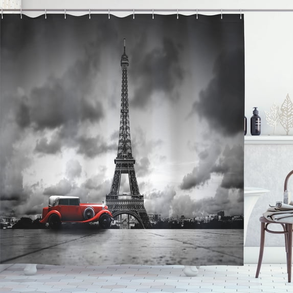 Ambesonne Eiffel Tower Shower Curtain, French Car Dark Clouds, 69"Wx70"L, Grey Black Red