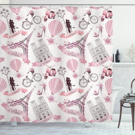 Eiffel Tower Decor Shower Curtain Set, Paris Symbols Travel In Paris Honeymoon Flowers Romance Hot Air Balloon Bike, Bathroom Accessories, 69W X 70L Inches, By Ambesonne