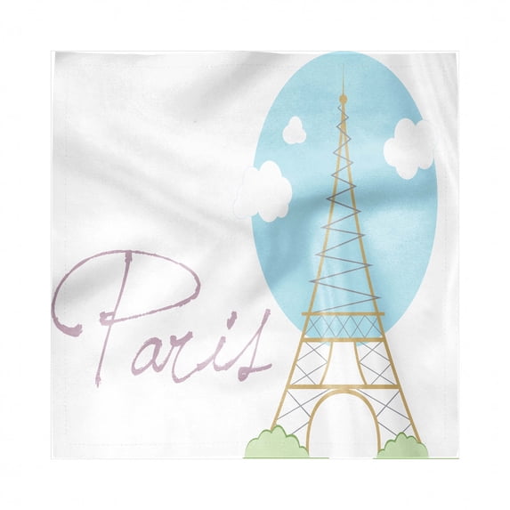Eiffel Tower Decorative Satin Napkins Set of 4, Calligraphy and High Monument Drawn by Hand, Square Fabric Party & Dinner Napkin, 12", Blue White, by Ambesonne