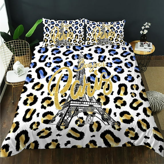 Eiffel Tower Duvet Cover Set, Chic Paris with Leopard Print Bedding Set for Kids Girl Couple,Romantic Theme Comforter Cover,3 Pieces,1 Quilt Cover and 2 Pillowcases